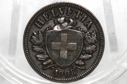 1908 Switzerland 2 Rappen - XF - 1908 Helvetica 2 Rappen Swiss Two Rappen 1908, Great Coin - 1,000,000 Minted