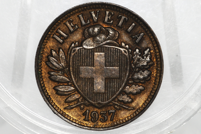 1937 Switzerland 2 Rappen - UNC - 1937 Helvetica 2 Rappen Swiss Two Rappen 1937, Great Coin - 1,200,000 Minted