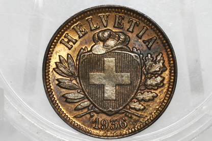 1936 Switzerland 2 Rappen - UNC - 1936 Helvetica 2 Rappen Swiss Two Rappen 1936, Great Coin - 500,000 Minted
