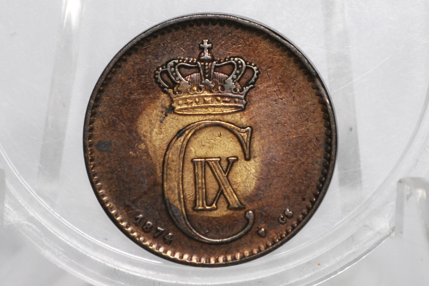 1874 Danish 2 Ore Porpoise / Dolphin Coin - XF+/AU - 1874 Denmark Dolphin Coin / Porpoise Coin