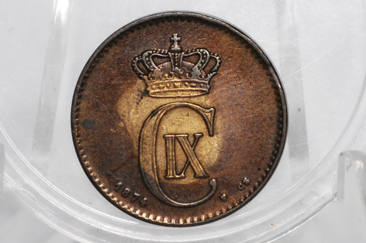 1874 Danish 2 Ore Porpoise / Dolphin Coin - XF+/AU - 1874 Denmark Dolphin Coin / Porpoise Coin