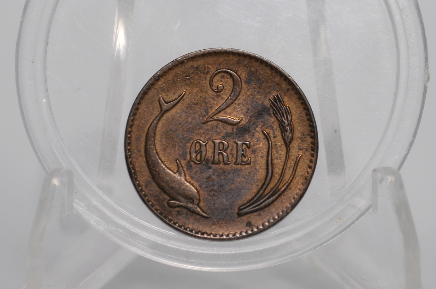 1874 Danish 2 Ore Porpoise / Dolphin Coin - XF+/AU - 1874 Denmark Dolphin Coin / Porpoise Coin