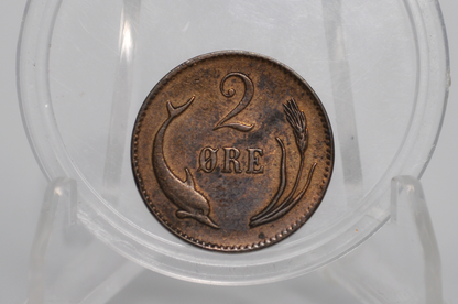1874 Danish 2 Ore Porpoise / Dolphin Coin - XF+/AU - 1874 Denmark Dolphin Coin / Porpoise Coin
