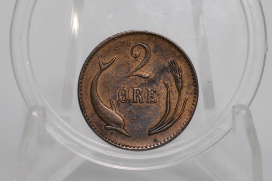 1874 Danish 2 Ore Porpoise / Dolphin Coin - XF+/AU - 1874 Denmark Dolphin Coin / Porpoise Coin