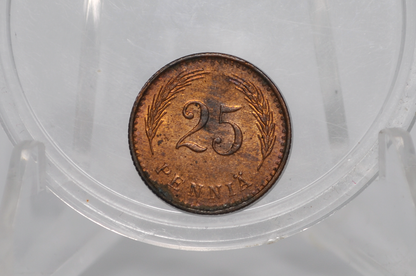 1940-S Copper Finland 25 Pennia - AU/UNC Condition - Finnish Coin - 72,000 Made - Awesome and Rare Coin