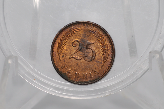 1940-S Copper Finland 25 Pennia - AU/UNC Condition - Finnish Coin - 72,000 Made - Awesome and Rare Coin