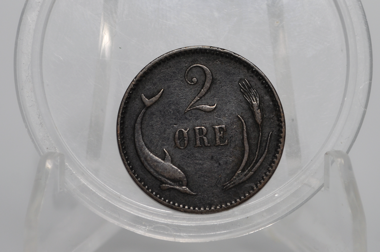 1886 Danish 2 Ore, Porpoise / Dolphin Coin - VF - 1886 Denmark Dolphin Coin / Porpoise Coin - 1,493,000 Minted