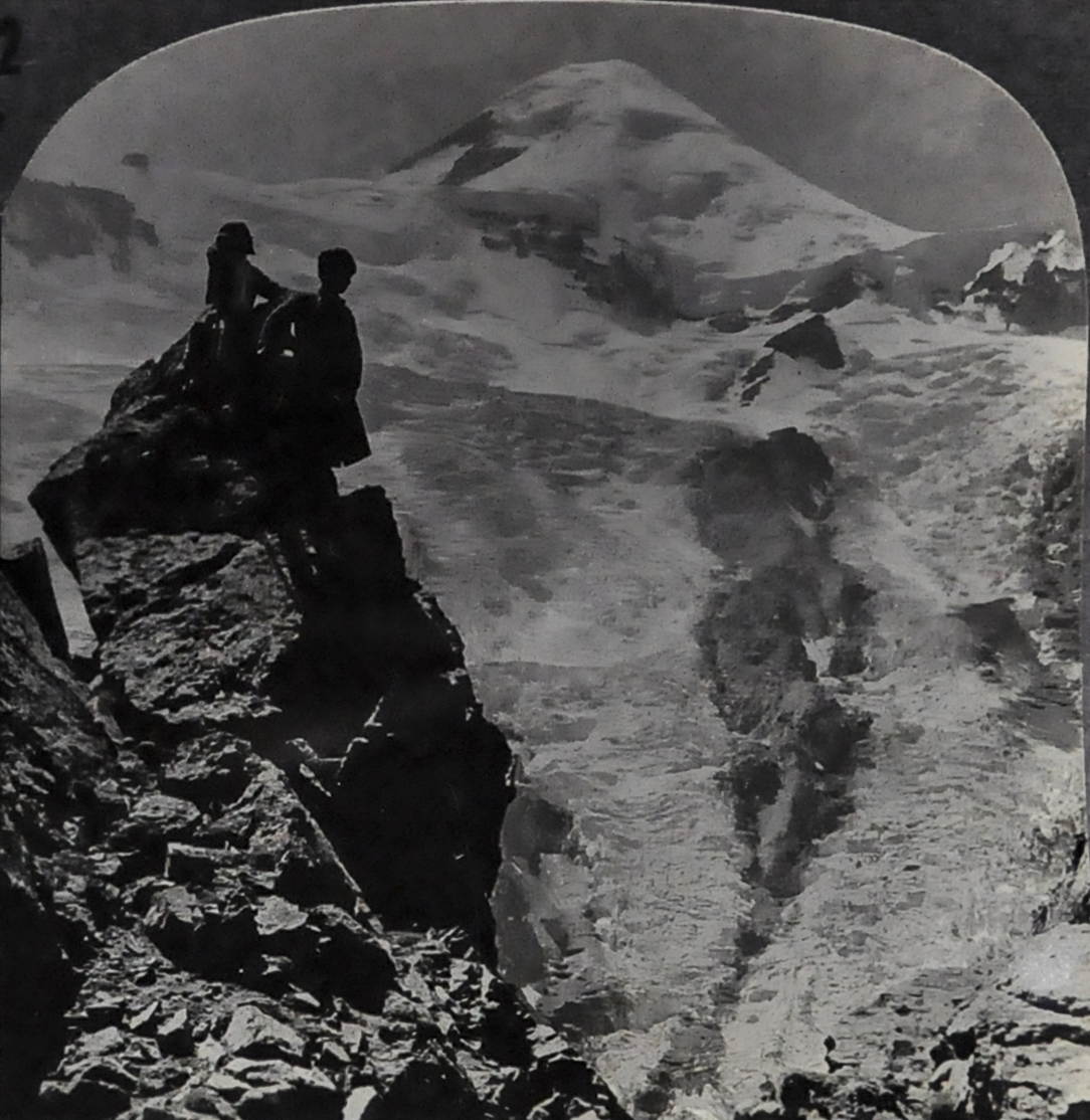 Antique Keystone Stereoview of Hikers at Mt. Kasbek, Caucasus Mountains, USSR - No. 19449 - 1930s Soviet Russia Mountains Stereoview