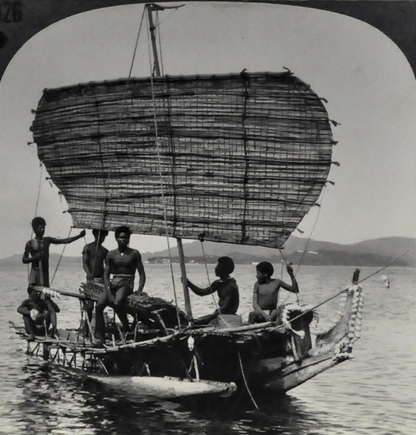 Antique Keystone Stereoview of New Guinea Natives Sailing in South Pacific - No. 24201T - 1920s World Tour Series New Guinea Photo Card