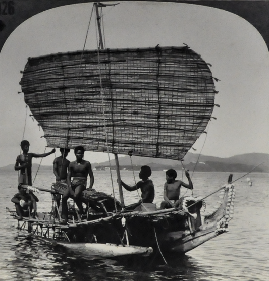 Antique Keystone Stereoview of New Guinea Natives Sailing in South Pacific - No. 24201T - 1920s World Tour Series New Guinea Photo Card