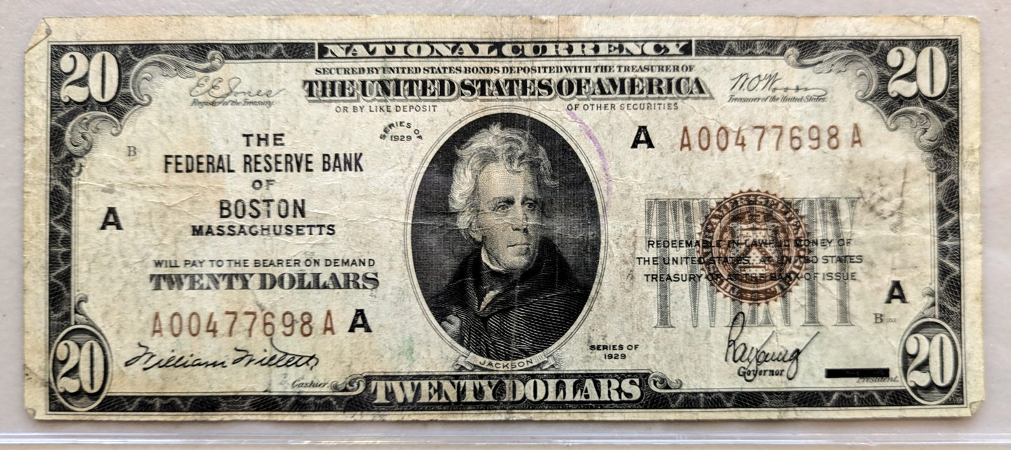 1929 20 Dollar National Currency Boston Note - Very Fine (VF) - Boston (A) Issue - 1929 Brown Seal 20 Dollar FRBN Note - Fr#1870-A