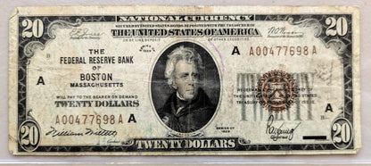 1929 20 Dollar National Currency Boston Note - Very Fine (VF) - Boston (A) Issue - 1929 Brown Seal 20 Dollar FRBN Note - Fr#1870-A