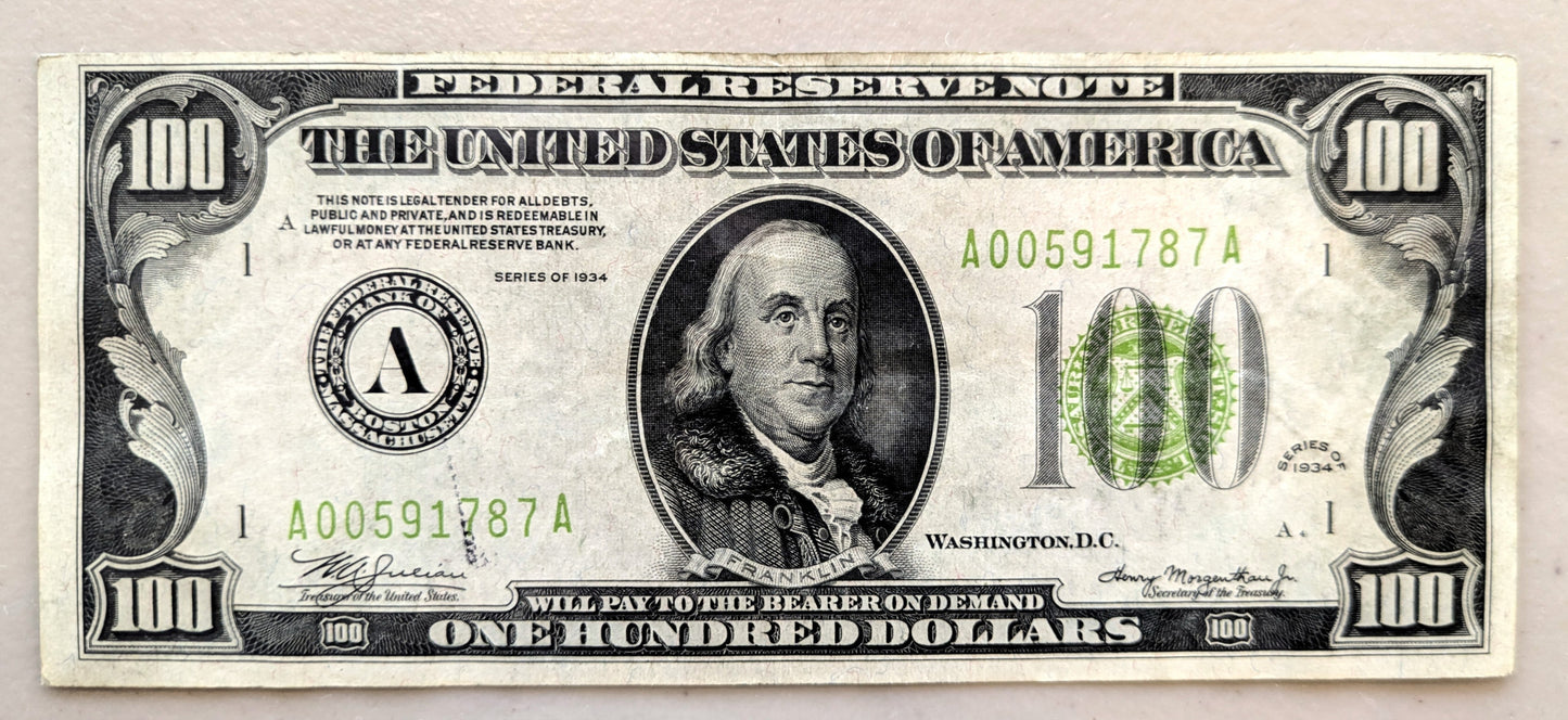 1934 100 Dollar Federal Reserve Note - Light Green Seal - Boston (A) Issue - Extremely Fine (XF) - 1934 One Hundred Dollar Note Boston - Fr#2152-A