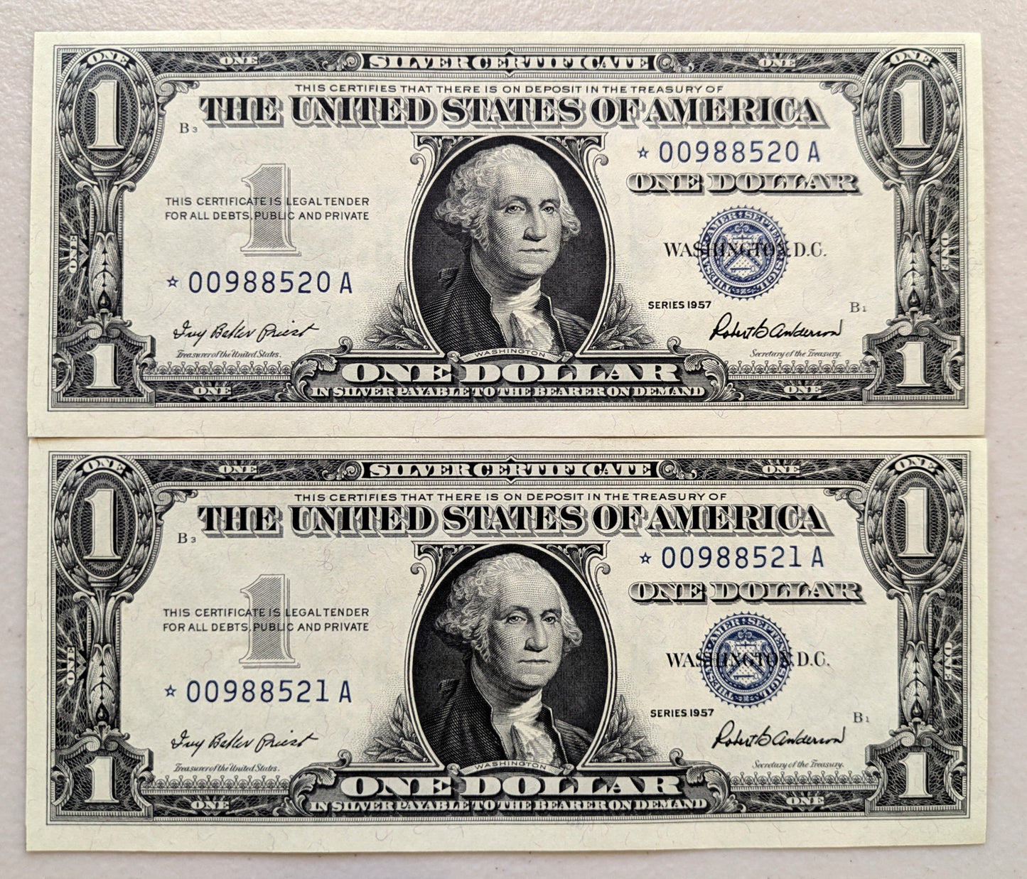 1957 Silver Certificate 1 Dollar Star Note Consecutive Pair - Uncirculated (UNC) Grade - 1957 Blue Seal Star Note Sequential Set - Fr#1619*
