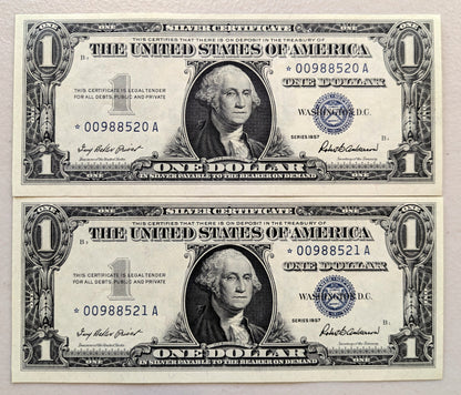 1957 Silver Certificate 1 Dollar Star Note Consecutive Pair - Uncirculated (UNC) Grade - 1957 Blue Seal Star Note Sequential Set - Fr#1619*