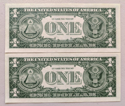 1957 Silver Certificate 1 Dollar Star Note Consecutive Pair - Uncirculated (UNC) Grade - 1957 Blue Seal Star Note Sequential Set - Fr#1619*