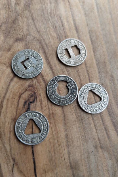 Carfare Carrier Denver Tramway Pocket Transportation Token Holder with 5 tokens - Subway Carfare Metal Carrier 3-coin slot with 5 transit coins - Denver Transit Coin Holder with Five Transit Tokens