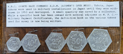 Kanto Base Command Airmen's Open Mess Hall set of trade tokens from Yohota, Japan - Yohota Japan Mess Hall Trade Token Set of 5 denominations - Set of Five Mess Hall Military Base Trade Tokens