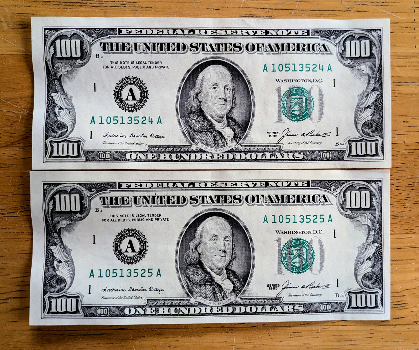 Pair of 1985 100 Dollar Federal Reserve Notes - Consecutive Serial Numbers - 1985 One Hundred Dollars Consecutive Set of 2 - Fr#2171-A