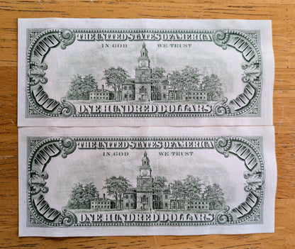 Pair of 1985 100 Dollar Federal Reserve Notes - Consecutive Serial Numbers - 1985 One Hundred Dollars Consecutive Set of 2 - Fr#2171-A