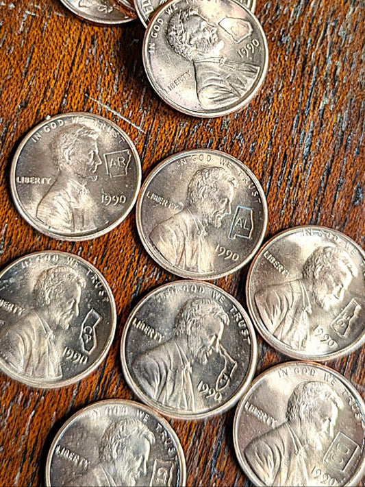 1990 50 Lincoln Memorial Penny State Counterstamps - Non-US Mint 50 Stamped Pennies - 1990 50 Lincoln State Pennies - 50 States 50 Pennies