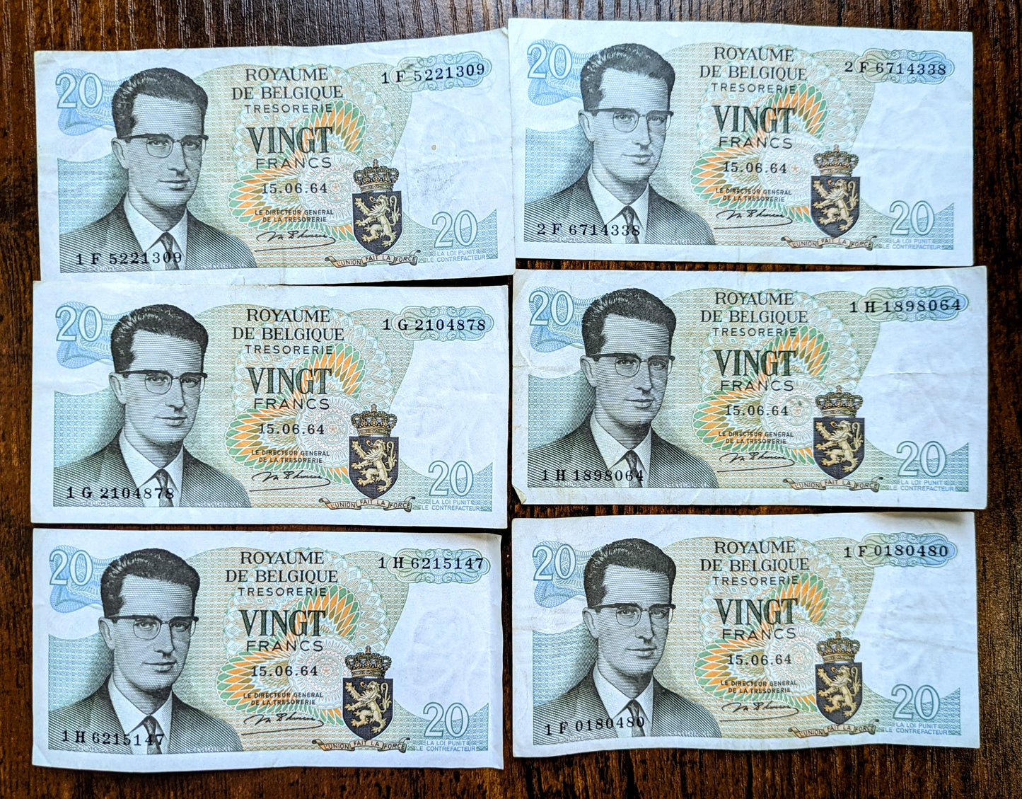 Lot of 6 1964 Belgium Treasury 20 Francs Note - Signed Marcel D'Haeze - 1964 Royaume de Belgique Twenty Francs Note Lot - P#138