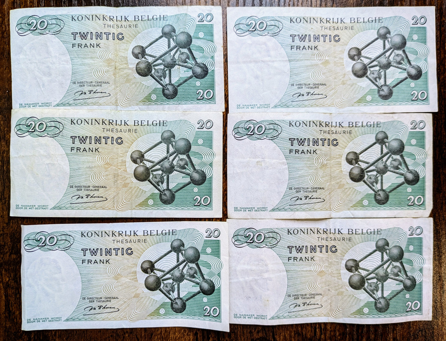 Lot of 6 1964 Belgium Treasury 20 Francs Note - Signed Marcel D'Haeze - 1964 Royaume de Belgique Twenty Francs Note Lot - P#138