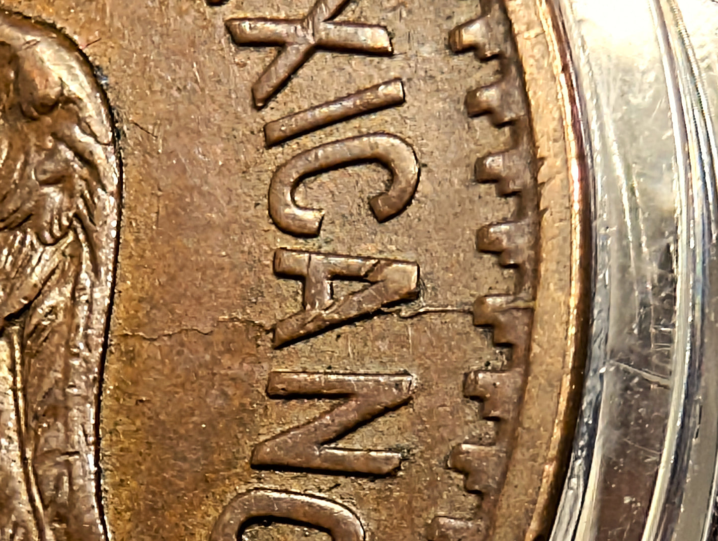 1921 Mexico 10 Centavos with Die Cracks Die Blob and Rim Doubling High AU Large Copper