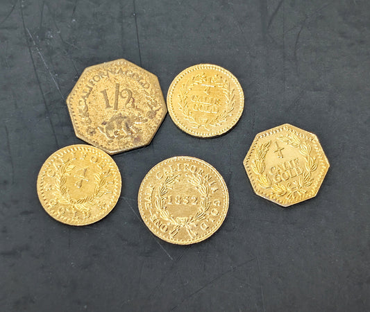 Lot of 5 California Gold Style Tokens Historic Contemporary Tokens