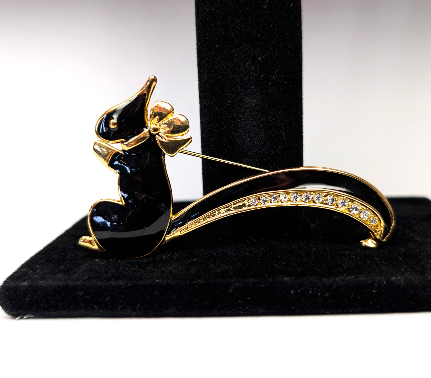 Vintage Black Enamel and Gold Tone Squirrel Brooch with Rhinestones 2 1/2 Inch Pin