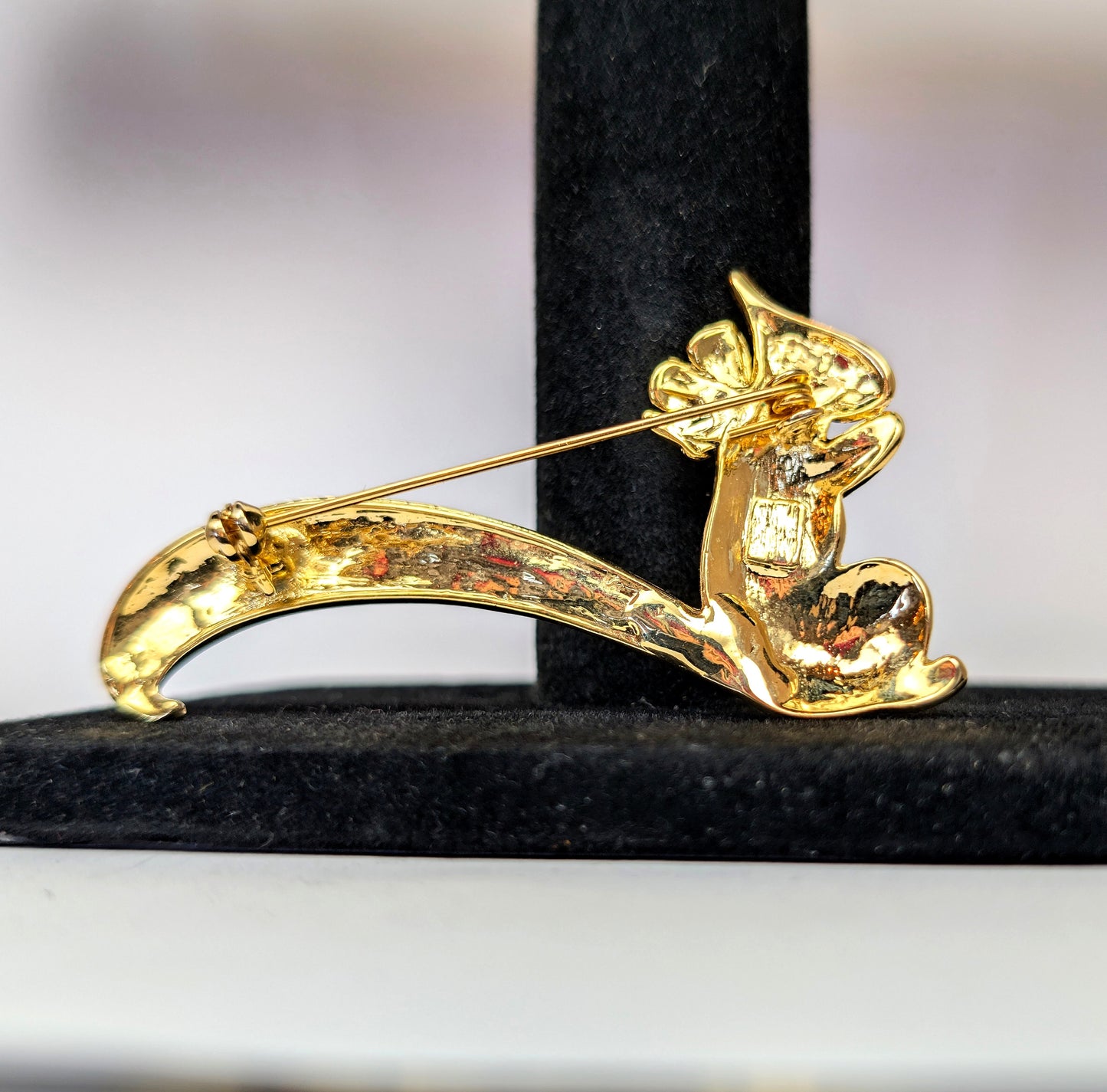 Vintage Black Enamel and Gold Tone Squirrel Brooch with Rhinestones 2 1/2 Inch Pin