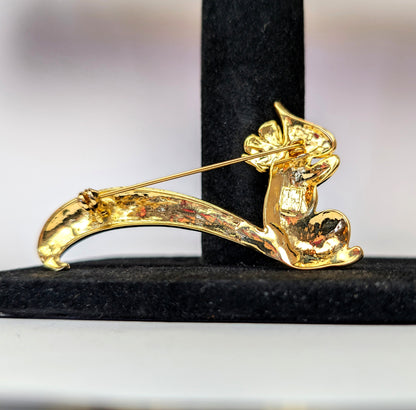 Vintage Black Enamel and Gold Tone Squirrel Brooch with Rhinestones 2 1/2 Inch Pin