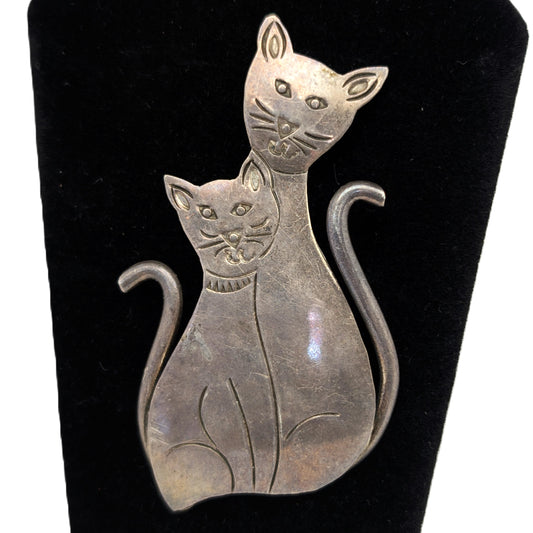 Vintage Large Sterling Cats Pin - 925 Silver - 10.48 Grams - 2 1/2+ Inches Tall
