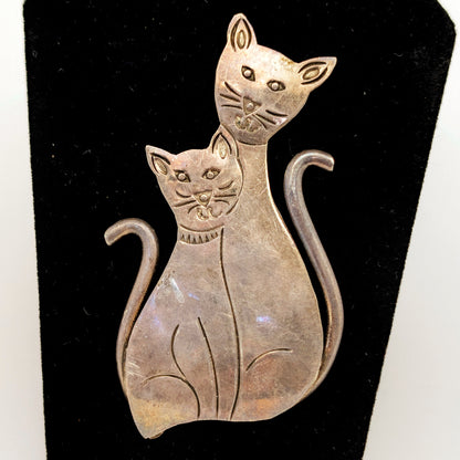 Vintage Large Sterling Cats Pin - 925 Silver - 10.48 Grams - 2 1/2+ Inches Tall