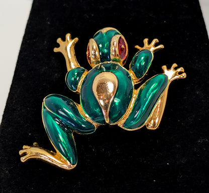 Vintage Gold Tone Enamel Tree Frog Brooch 1 1/2 Inch Pin