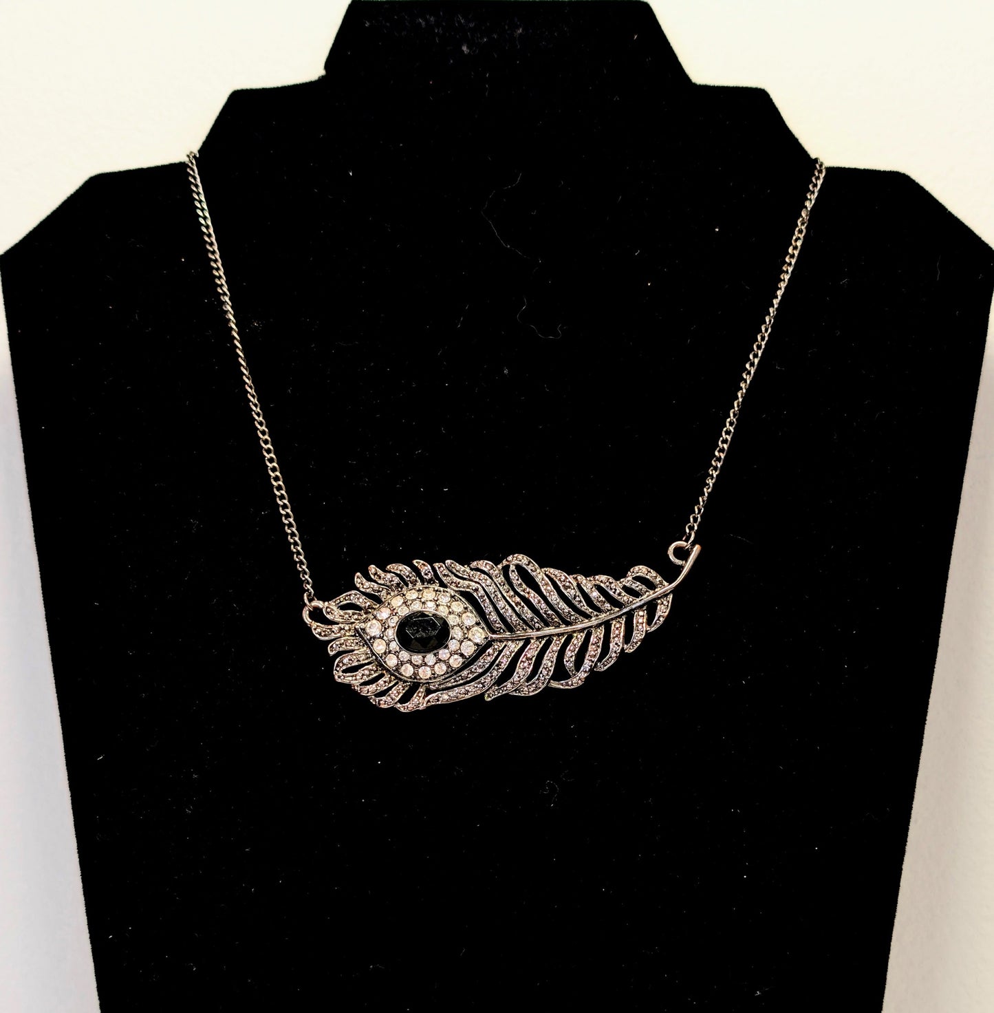 Vintage Silver Toned Peacock Feather Necklace With Dark Crystal