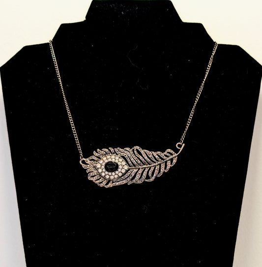 Vintage Silver Toned Peacock Feather Necklace With Dark Crystal