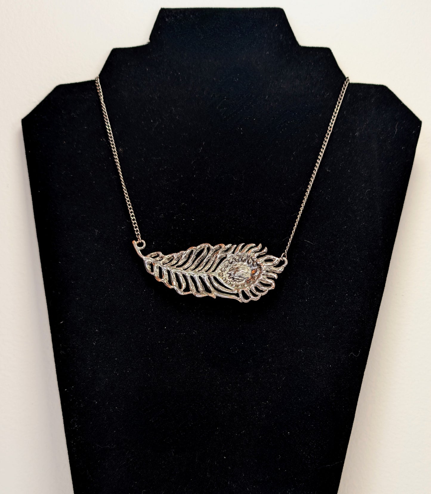 Vintage Silver Toned Peacock Feather Necklace With Dark Crystal