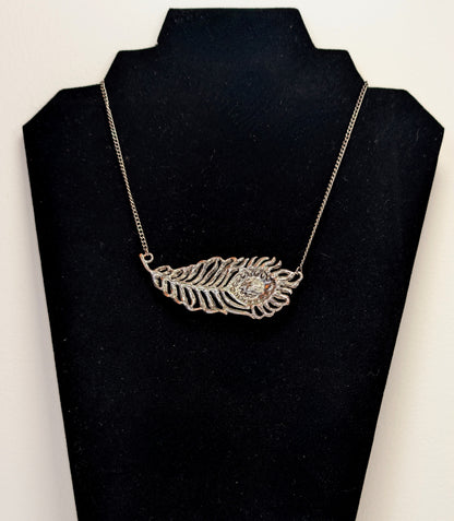 Vintage Silver Toned Peacock Feather Necklace With Dark Crystal