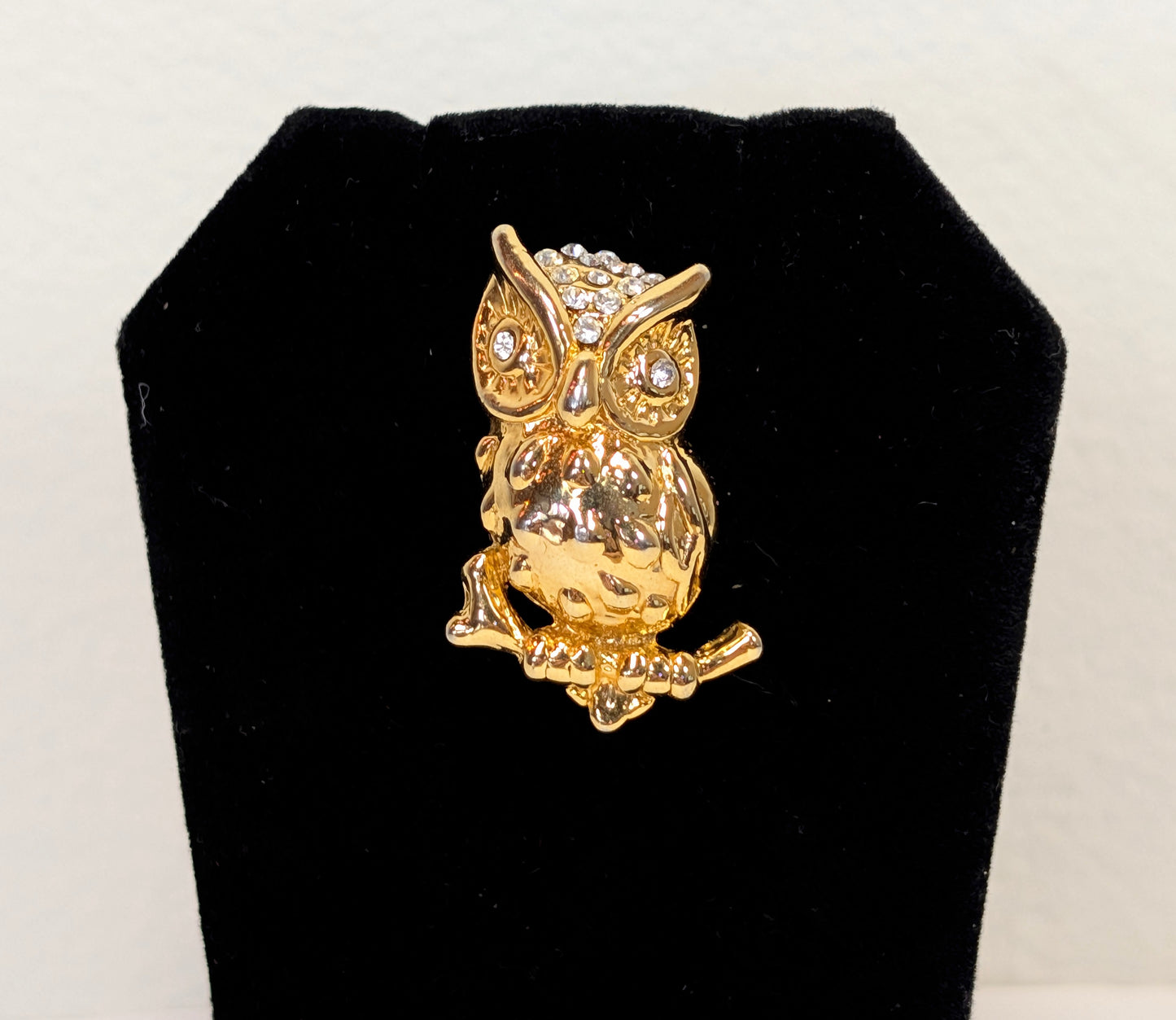 Vintage Gold Toned Owl Pin with Crystal Eyes and Crown 1 1/4 Inch Brooch