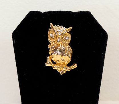 Vintage Gold Toned Owl Pin with Crystal Eyes and Crown 1 1/4 Inch Brooch
