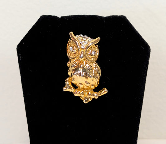 Vintage Gold Toned Owl Pin with Crystal Eyes and Crown 1 1/4 Inch Brooch