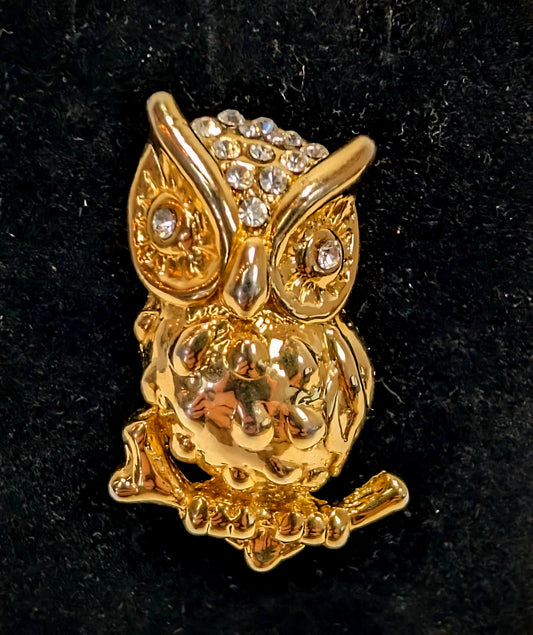Vintage Gold Toned Owl Pin with Crystal Eyes and Crown 1 1/4 Inch Brooch