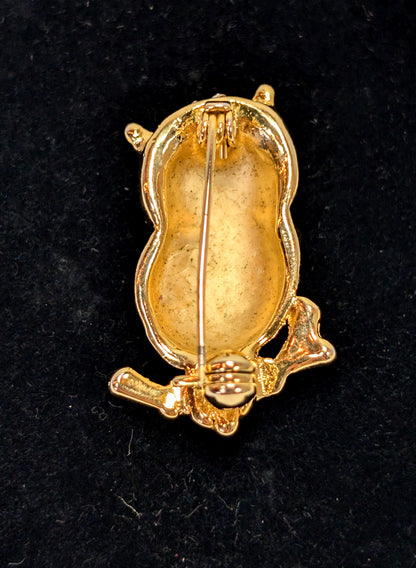 Vintage Gold Toned Owl Pin with Crystal Eyes and Crown 1 1/4 Inch Brooch