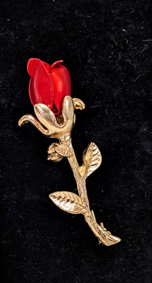 Vintage Gold Toned Red Rose Brooch  2 Inch Flower Pin