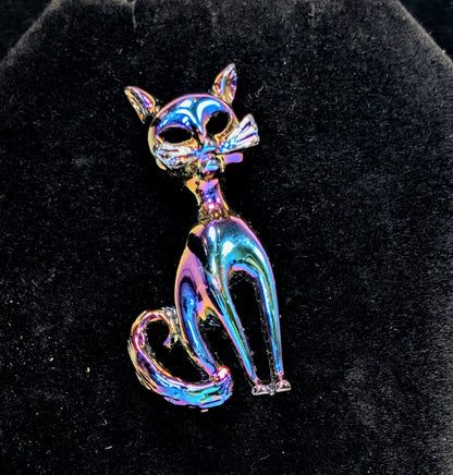 Vintage 70's Iridescent Chromatic Black Enamel Sitting Cat Pin