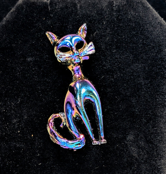 Vintage 70's Iridescent Chromatic Black Enamel Sitting Cat Pin