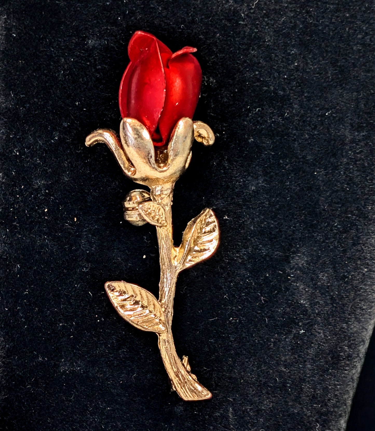Vintage Gold Toned Red Rose Brooch  2 Inch Flower Pin