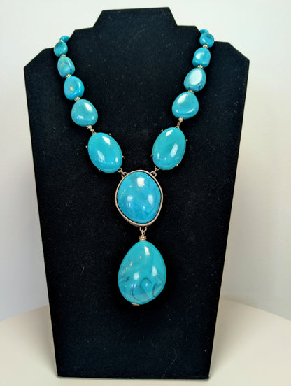 Stunning Avon Big & Bold Silver Tone Faux Turquoise Y Drop Necklace adjustable 17 to 20 in.