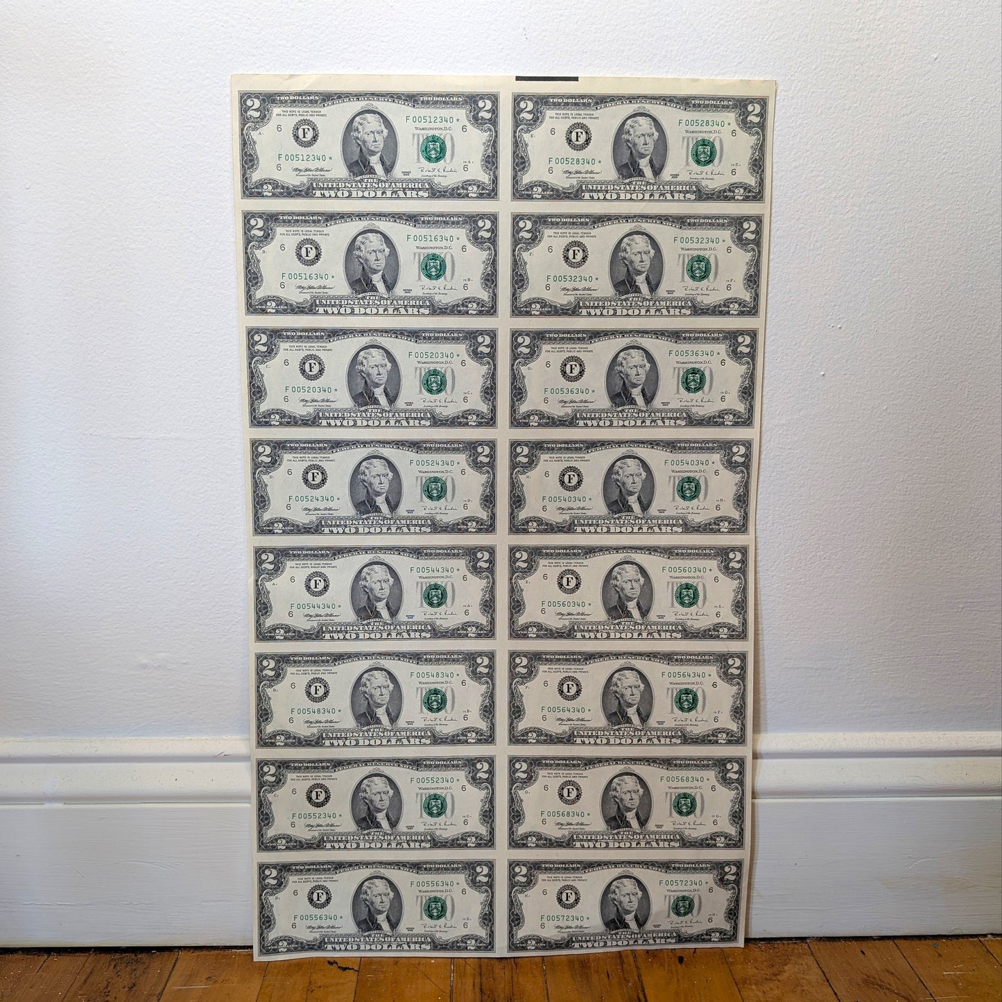 Rare *UNCUT SHEET* of 16 $2 STAR NOTES  From 1995 FR# 1936-F* Atlanta Federal Reserve